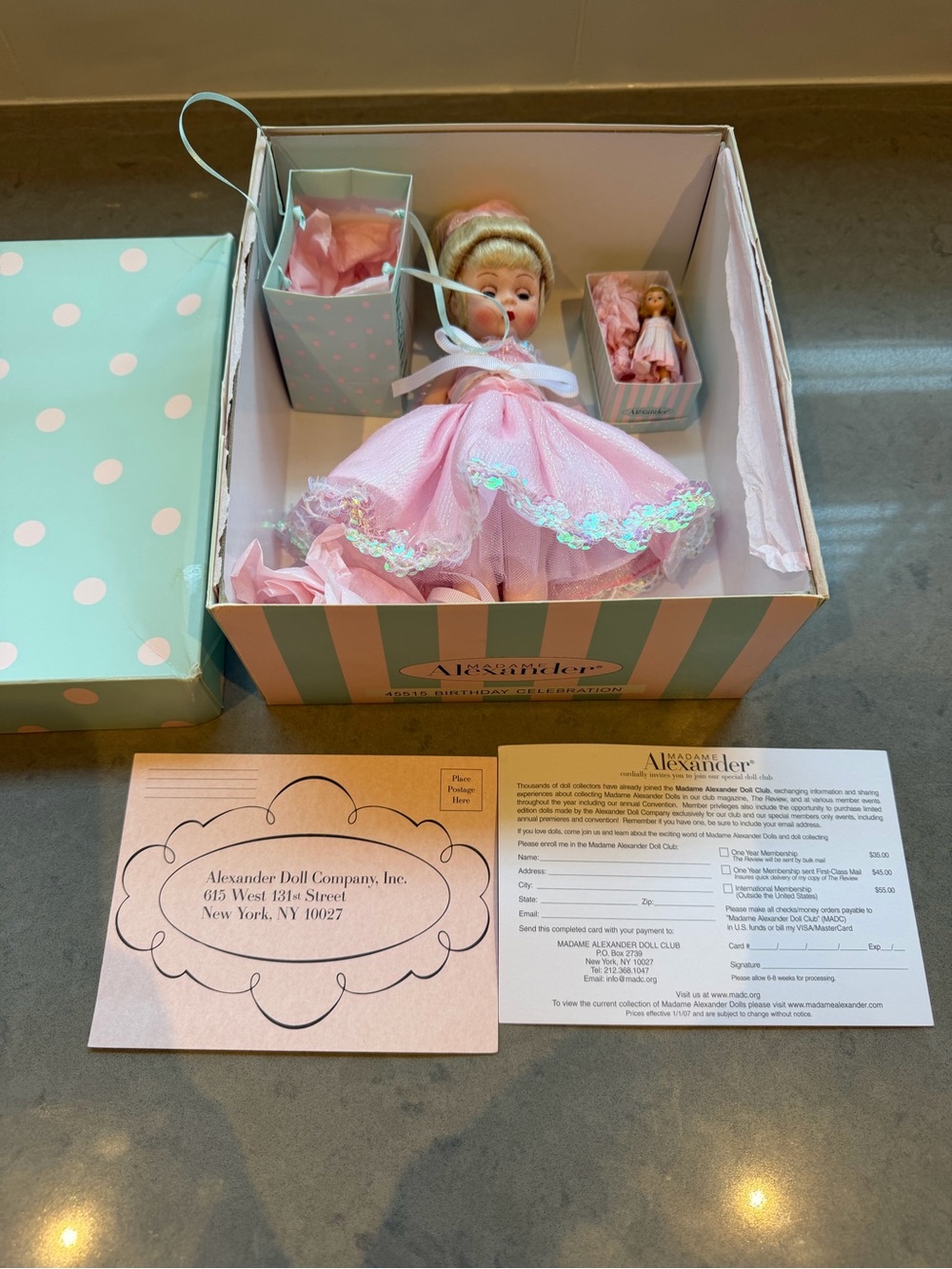 Madame Alexander Pink birthday Party Doll with Mint Striped Box